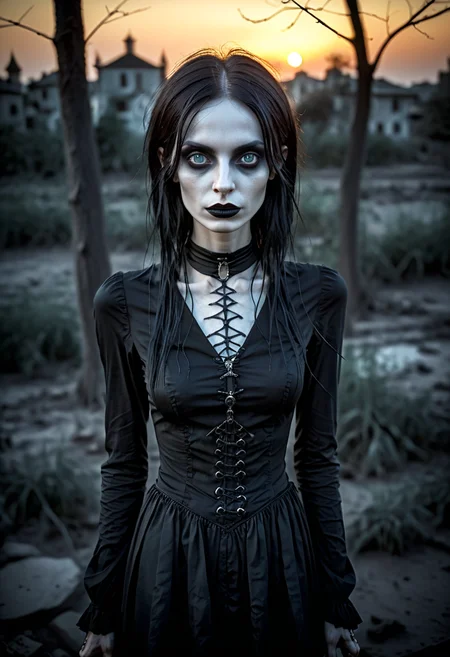 positiv Clip L:
 an award-winning, photo, of a skinny Gothic woman, 
positiv Clip G:
 an award-winning, photo, of a skinny Gothic woman, that captivates the viewer. natural dark blue eyes exude depth and penetration. sunset in the background,