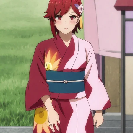<lora:Tomo_pony_v1:.8>TomoKimino, japanese clothes, 1girl, pink kimono, red hair, sash, hair ornament, hair flower, red eyes, short hair, wide sleeves, yukata, obi, cowboy shot
