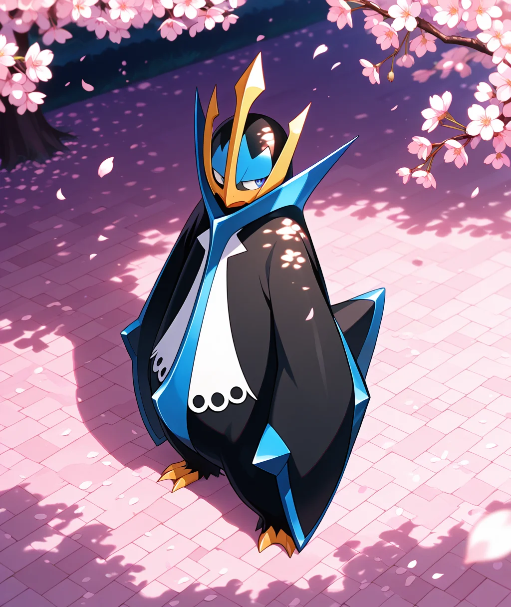 masterpiece, dreamlike atmosphere, vibrant, detailed, absurdres, highres, amazing_quality, best quality, BREAK <lora:empoleon-illus-15:0.9> pempo, pinguin_boy, (empoleon), (solo, alone), falling petals, cherry blossom, from above, looking away, dappled sunlight,