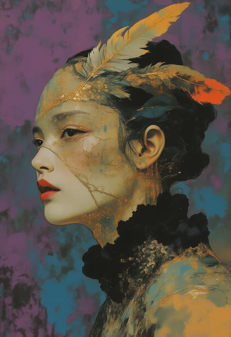 A surreal gongbihua painting of a woman with a striking, almost otherworldly appearance. She is depicted in a three-quarter view, with her face and shoulders standing out clearly against a purple and blue textured background painted with sponge. Her facial features are finely sculpted with sharp, defined contours. She has dark hair that is pulled back, allowing the focus to remain on her face. Her eyes are a striking and she wears an elaborate, veil that covers her entire face except for her lips. The veil is intricately designed with a delicate, feather-like texture that radiates outward from her face, creating a dramatic and ethereal effect. The feathers are glued with gold foil and give it a luxurious, almost regal look. She is adorned with a high collar made of dark, fluffy feathers, which adds to the exotic and fantastical nature of the image. The textures in the feathers are meticulously painted, with each individual feather's details visible, enhancing the realism of the artwork. The overall composition is both elegant and mysterious, evoking a sense of ancient mythology or fantasy. shanshui
