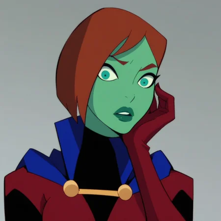 score_9, score_8_up, score_7_up, solo, 1girl, lipstick, short hair, red hair, bob cut, colored skin, green skin, aqua eyes, blue cape, bodysuit, red gloves, red knee boots, breast, miss martian
