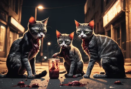 wounded realistic zombie cats eating a kitten in a dark city street