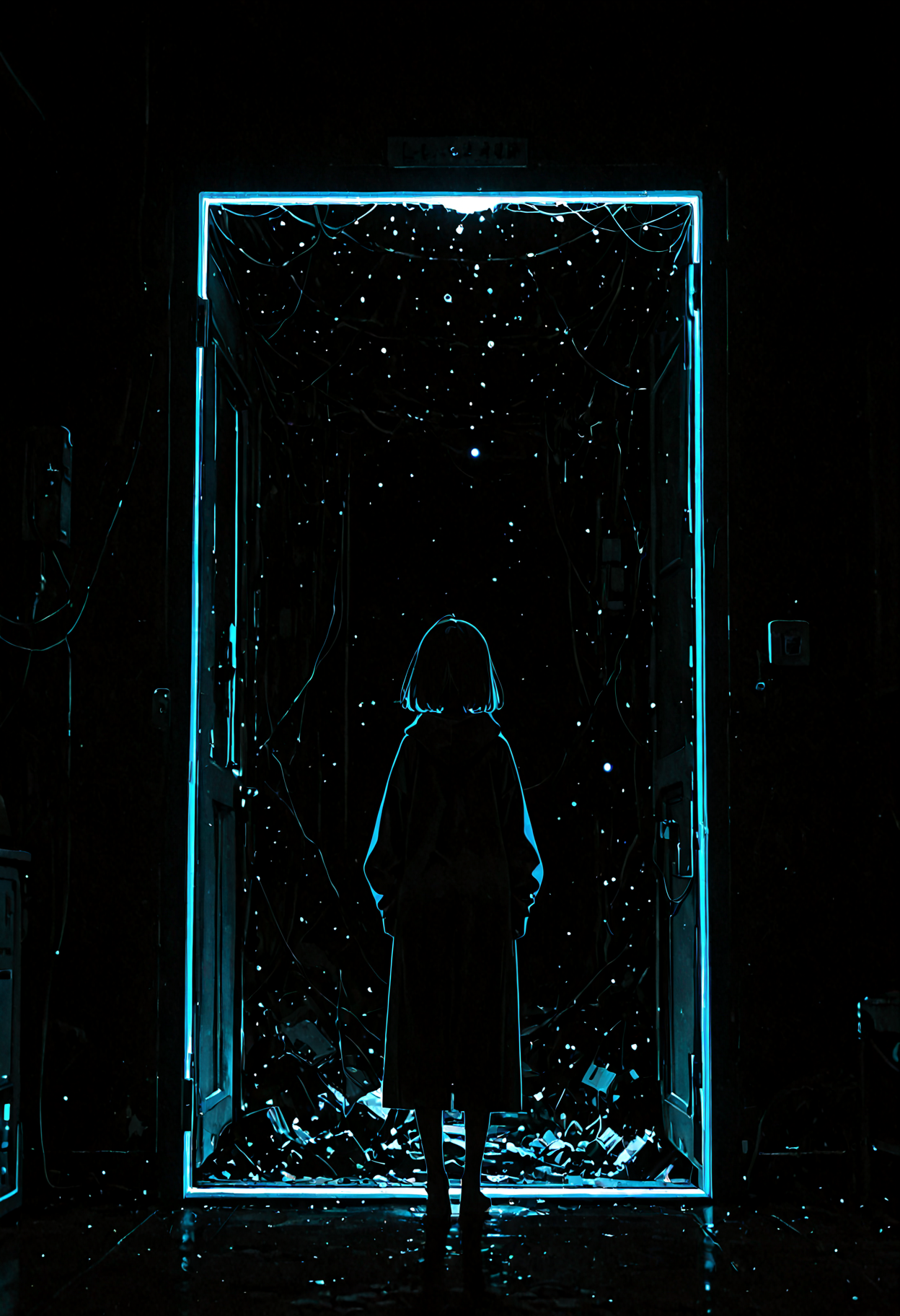 1girl, full body, from behind, open door, (only a door in dark space :1.4), (flat lighting, flat color, flat design, no lineart:1.4), monochrome, film grain, spot color, local color adaptation, masterpiece, best quality, amazing quality, very aesthetic, absurdres, newest,
