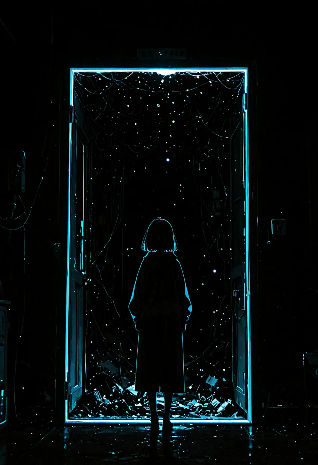 1girl, full body, from behind, open door, (only a door in dark space :1.4), (flat lighting, flat color, flat design, no lineart:1.4), monochrome, film grain, spot color, local color adaptation, masterpiece, best quality, amazing quality, very aesthetic, absurdres, newest,