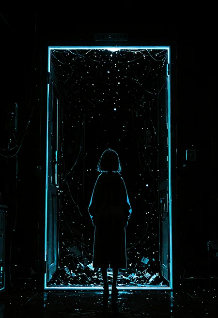 1girl, full body, from behind, open door, (only a door in dark space :1.4), (flat lighting, flat color, flat design, no lineart:1.4), monochrome, film grain, spot color, local color adaptation, masterpiece, best quality, amazing quality, very aesthetic, absurdres, newest,