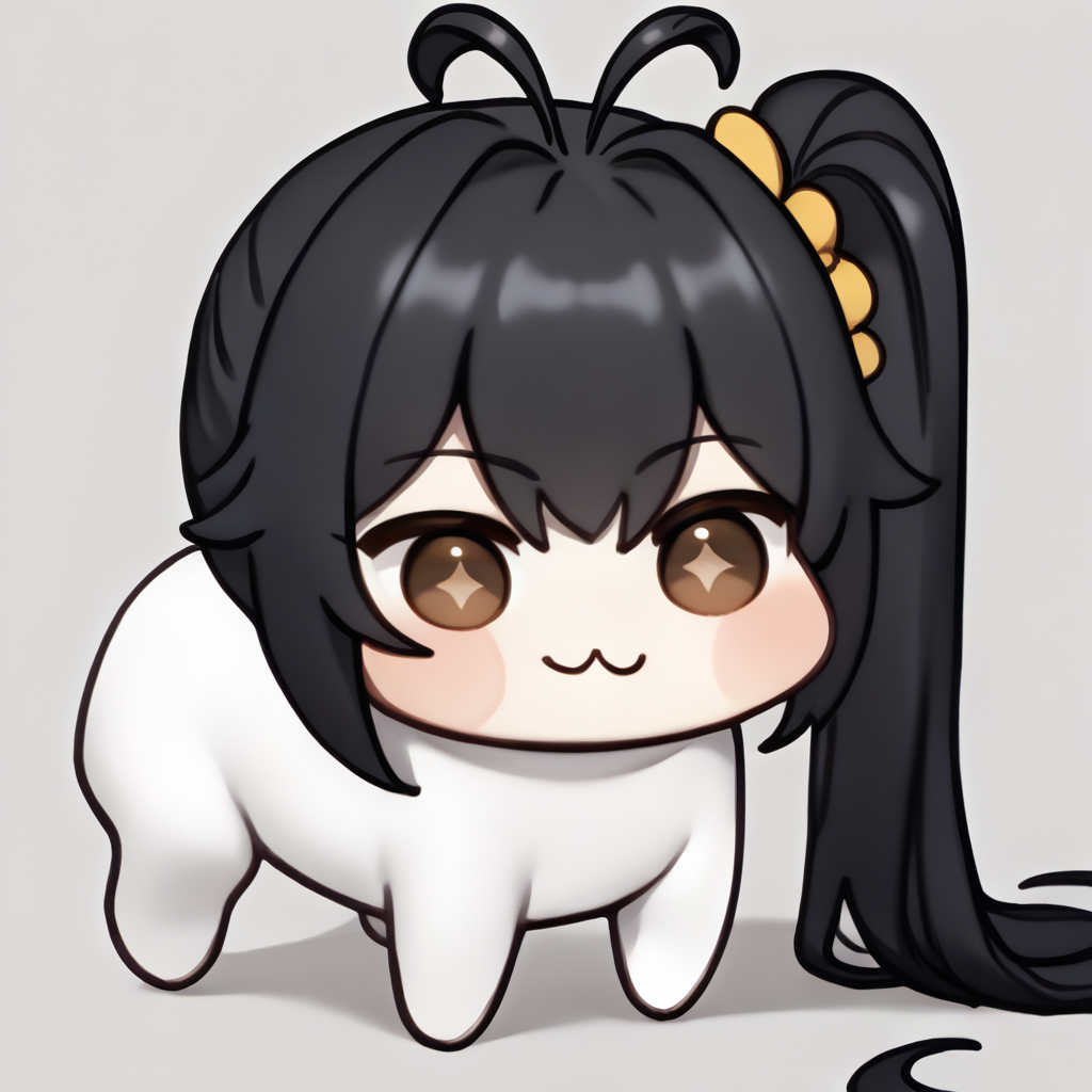 score_9_up, score_8_up, score_7_up, source_anime, doro, creature, :3, chibi, no humans, four legs, solid circle eyes, no pupils, white skin, <lora:Doro_X_PDXL_V1:1.0>, <lora:cecikr-ponyxl-beta2-08:0.8>, black hair, very long hair, brown eyes, side ponytail, sidetail, cecikr, hair ornament, antenna hair, star-shaped pupils, simple background, white background,