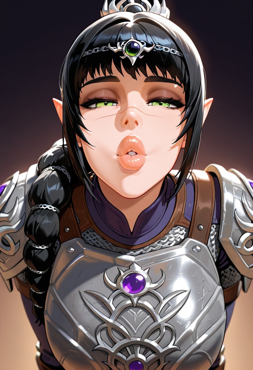 pov, incoming kiss, looking at viewer, puckered lips, thick lips, parted lips, half-closed eyes masterpiece,best quality,amazing quality, absurdres, <lora:shadowheart_bg3_ilxl_goofy:1> shadowheart \(baldur's gate\), 1girl, black hair, braid, breasts, elf, green eyes, large breasts, long hair, looking at viewer, multi-tied hair, pointy ears,scar on face,  simple background, smile, solo, body armor, shoulder pads, ,breastplate, chainmail,
