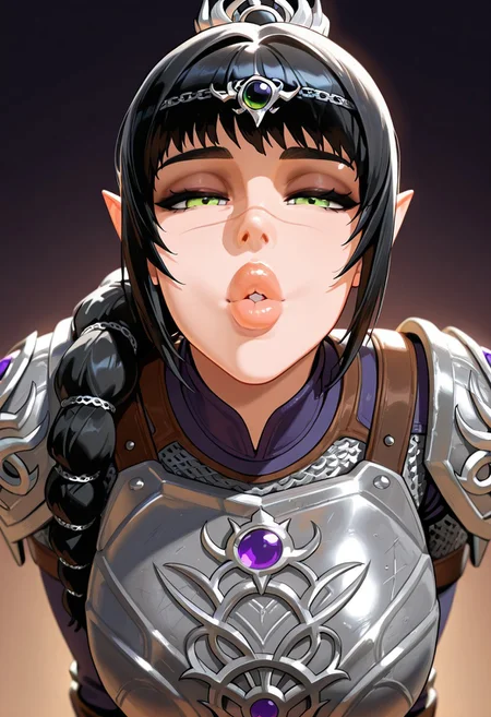 pov, incoming kiss, looking at viewer, puckered lips, thick lips, parted lips, half-closed eyes masterpiece,best quality,amazing quality, absurdres, <lora:shadowheart_bg3_ilxl_goofy:1> shadowheart \(baldur's gate\), 1girl, black hair, braid, breasts, elf, green eyes, large breasts, long hair, looking at viewer, multi-tied hair, pointy ears,scar on face,  simple background, smile, solo, body armor, shoulder pads, ,breastplate, chainmail,