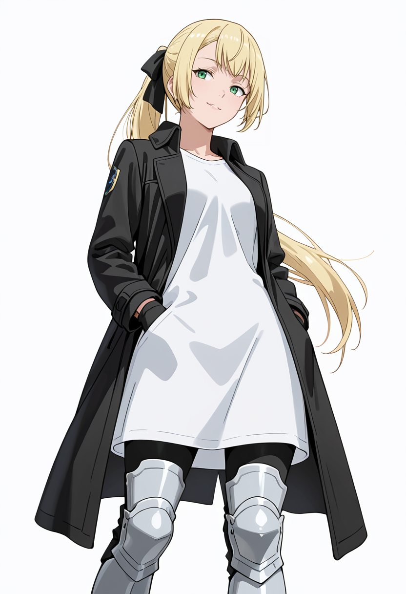 Smooth Quality,masterpiece,very intricate, high quality details, ultra realistic, high detailed skin,detailed enviorement,absurdres,
simple background, white background,solo,
walking pose, one hand in pocket, head slightly turned, casual stride, confident aura,  ,from below,naughty face,
 <lora:Rituscnn:0.8> rituscnn, 1girl, blonde hair, green eyes, long hair, ponytail,shirt, white shirt, coat,black gloves, hair ribbon,armored boots,