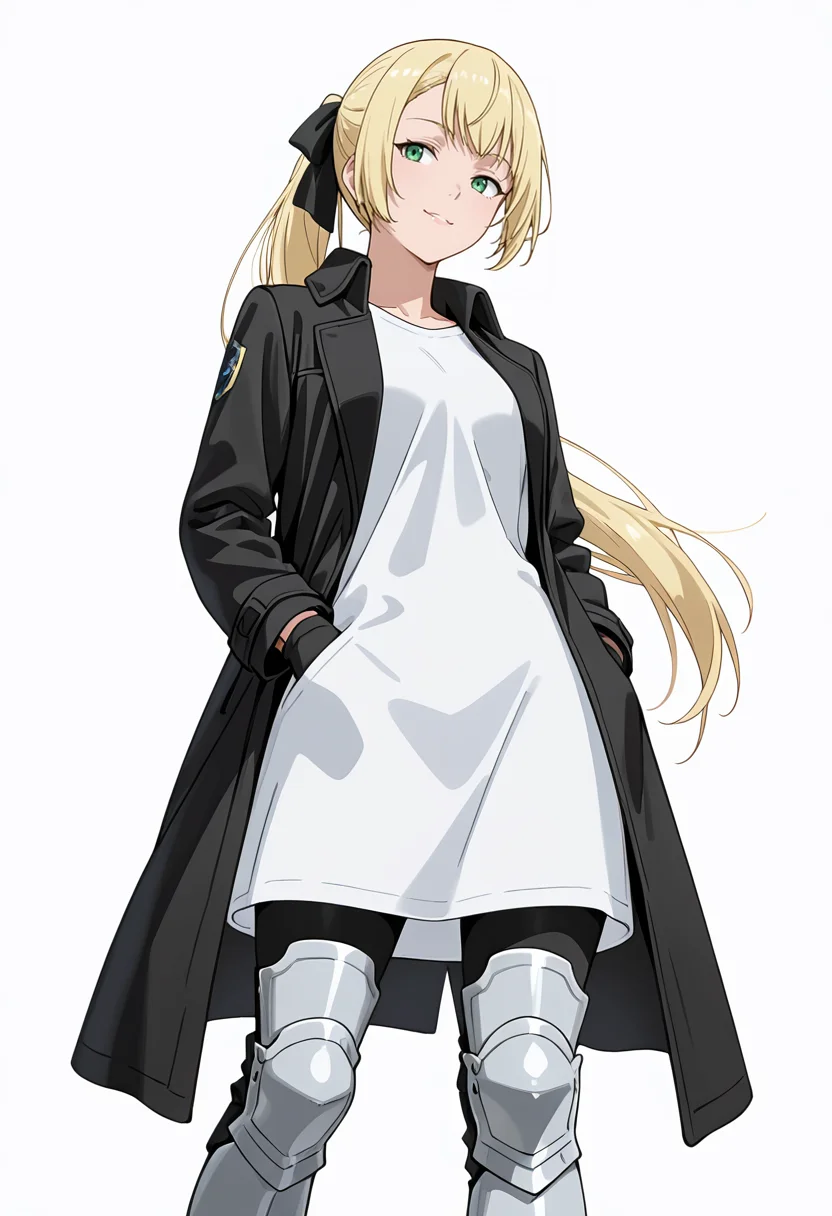 Smooth Quality,masterpiece,very intricate, high quality details, ultra realistic, high detailed skin,detailed enviorement,absurdres,
simple background, white background,solo,
walking pose, one hand in pocket, head slightly turned, casual stride, confident aura,  ,from below,naughty face,
 <lora:Rituscnn:0.8> rituscnn, 1girl, blonde hair, green eyes, long hair, ponytail,shirt, white shirt, coat,black gloves, hair ribbon,armored boots,
