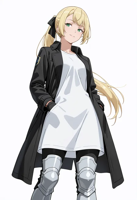 Smooth Quality,masterpiece,very intricate, high quality details, ultra realistic, high detailed skin,detailed enviorement,absurdres,
simple background, white background,solo,
walking pose, one hand in pocket, head slightly turned, casual stride, confident aura,  ,from below,naughty face,
 <lora:Rituscnn:0.8> rituscnn, 1girl, blonde hair, green eyes, long hair, ponytail,shirt, white shirt, coat,black gloves, hair ribbon,armored boots,