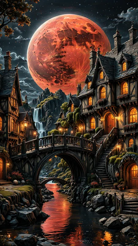 photorealism, intricate details, extremely detailed, masterpiece, masterpiece, Outstanding intricacies, best quality, hires textures, high detail, incredibly detailed, Cinematic Lighting, at night, A hobbits Mansion, River, Bridge, waterfall, Large Red Moon, intricately detailed, true masterpiece, UHD, vibrant neon, studio quality Overall Detail, Painstaking attention to details, Epic, UHD , <lora:3D_Framed_Wall_Art_-_By_DICE:1>. (3D Framed, Moon), (Use Dream Diffusion Secret Prompt)