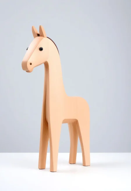 (expert craftsmanship:1.8), (high resolution, product photography, photo studio background:1.2), (modern wooden toy animal, equine creature:1.8), (fine wood, realistic wood material:1.5), (simple form, abstract form, multiple parts:1.9), (finely crafted parts, simple shape, elegant shape, ambiguous shape, stout shape, innocent shape:1.4), (hand-painted, comfortable, playful, friendly:1.5), (tall, lanky, whimsical:1.7), (Bauhaus Design aesthetic:1.7)