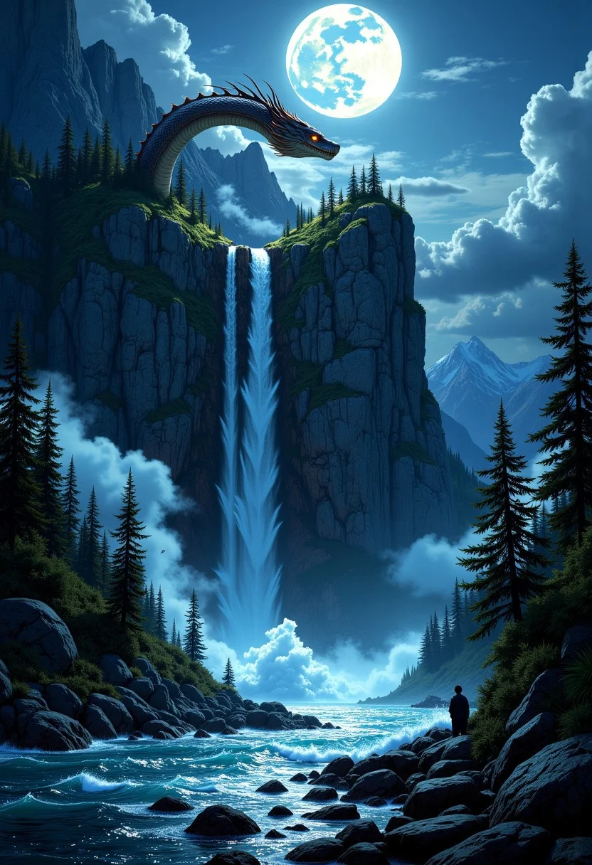 The wizarding world,Giant mountains, giant trees, white mist,night,moonlight,Soft light,lakes,Splashes, big waves,Magnificent scenes,A giant serpent surrounds a huge mountain,The head of the snake looks at the moon.mythp0rt,aidmamj6.1.