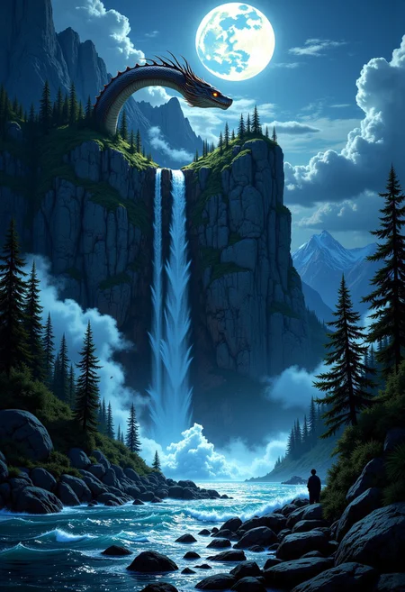 The wizarding world,Giant mountains, giant trees, white mist,night,moonlight,Soft light,lakes,Splashes, big waves,Magnificent scenes,A giant serpent surrounds a huge mountain,The head of the snake looks at the moon.mythp0rt,aidmamj6.1.