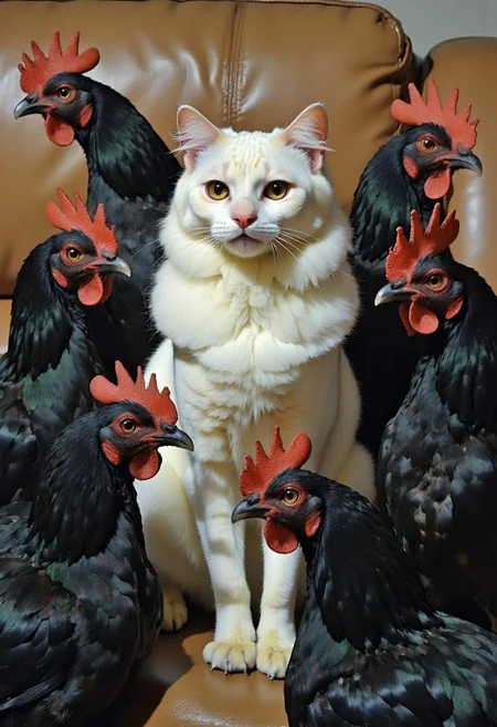 A close-up portrait of a white cat on a couch, surrounded by 6 black roosters