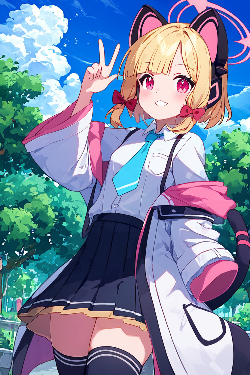 score_9, score_8_up, score_8, medium breasts, (curvy), cute, eyelashes,       BREAK, , ,,, zzMomoi, blonde hair, animal ears, fake animal ears, animal ear headphones, headphones, short hair, bow, halo, cat ear headphones, hair bow, red bow, pink eyes, pink halo, tail, cat tail, red eyes, collared shirt, long sleeves, pleated skirt,  white shirt, black skirt, blue necktie, white jacket, wide sleeves, black thighhighs, suspender skirt ,<lora:Momoi_BlueArchive_PDXL:0.8>,    ,,,, BREAK, smile, looking at viewer, cowboy shot, ,,, outdoors, sky, day, cloud, tree, blue sky, sunny,  ,,, Expressiveh, ,,, <lora:Alola_Style_PDXL:0.8>, <lora:Expressive_H-000001:0.4>,