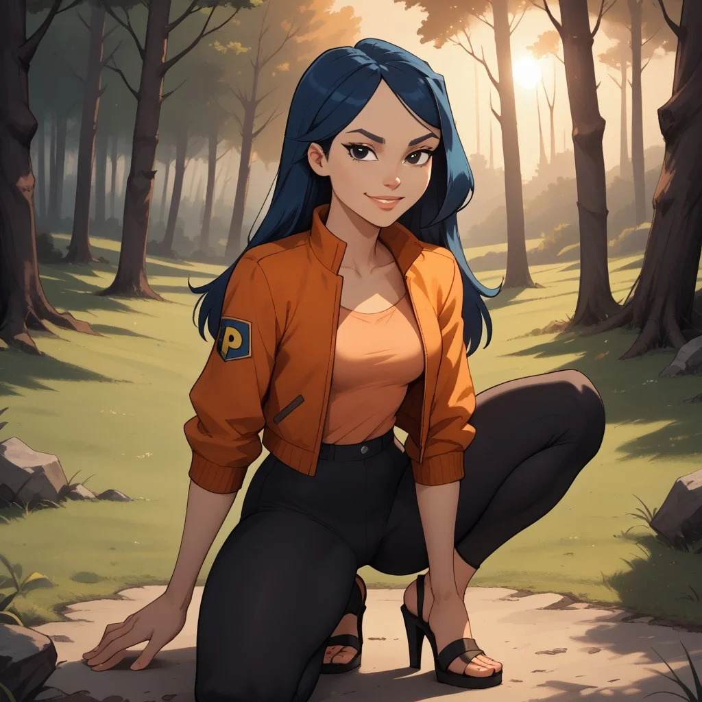 score_9, score_8, BREAK, solo, red jacket, 1girl, orange shirt, leggings, heeled sandals, navy blue hair, black eyes, lips, breasts, total drama, Emma_(Total_Drama), tdtrr, long hair, sexy pose, smile, outdoors, sunlight, shadows, evening lighting, natural lighting, forest, trees, grass, orange sky, sunset