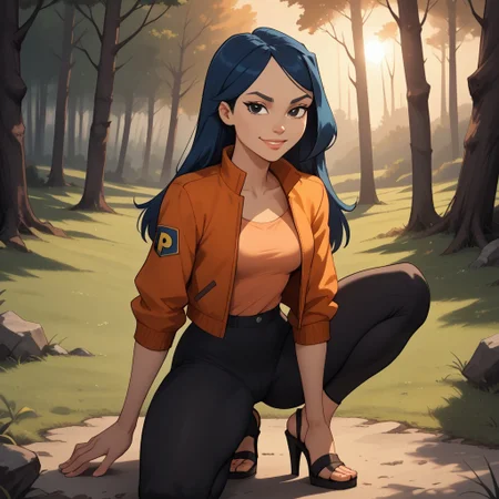 score_9, score_8, BREAK, solo, red jacket, 1girl, orange shirt, leggings, heeled sandals, navy blue hair, black eyes, lips, breasts, total drama, Emma_(Total_Drama), tdtrr, long hair, sexy pose, smile, outdoors, sunlight, shadows, evening lighting, natural lighting, forest, trees, grass, orange sky, sunset