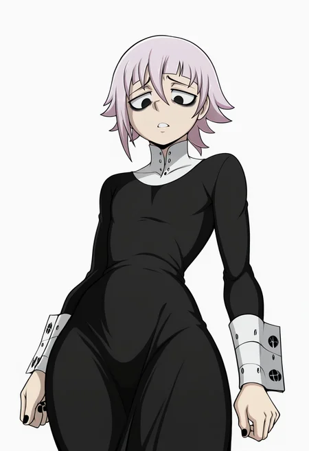 (masterpiece,amazing quality,best quality,anime coloring,beautiful colors,very aesthetic,digital art,illustration,perfect composition,intricate details,absurdres,incredibly absurdres, perfect body, sexy,shadows),(((((white background))))),<lora:blackwhiplash(bwl)-guy90-Illust-Lycorisv1:1>,blaash,<lora:crona:1>,crona,short hair,long sleeves,dress,pink hair,purple hair,black eyes,black dress,black nails,long dress,bags under eyes,cowboy shot,white background,parted lips,wrist cuffs,cowboy shot,from below,solo,