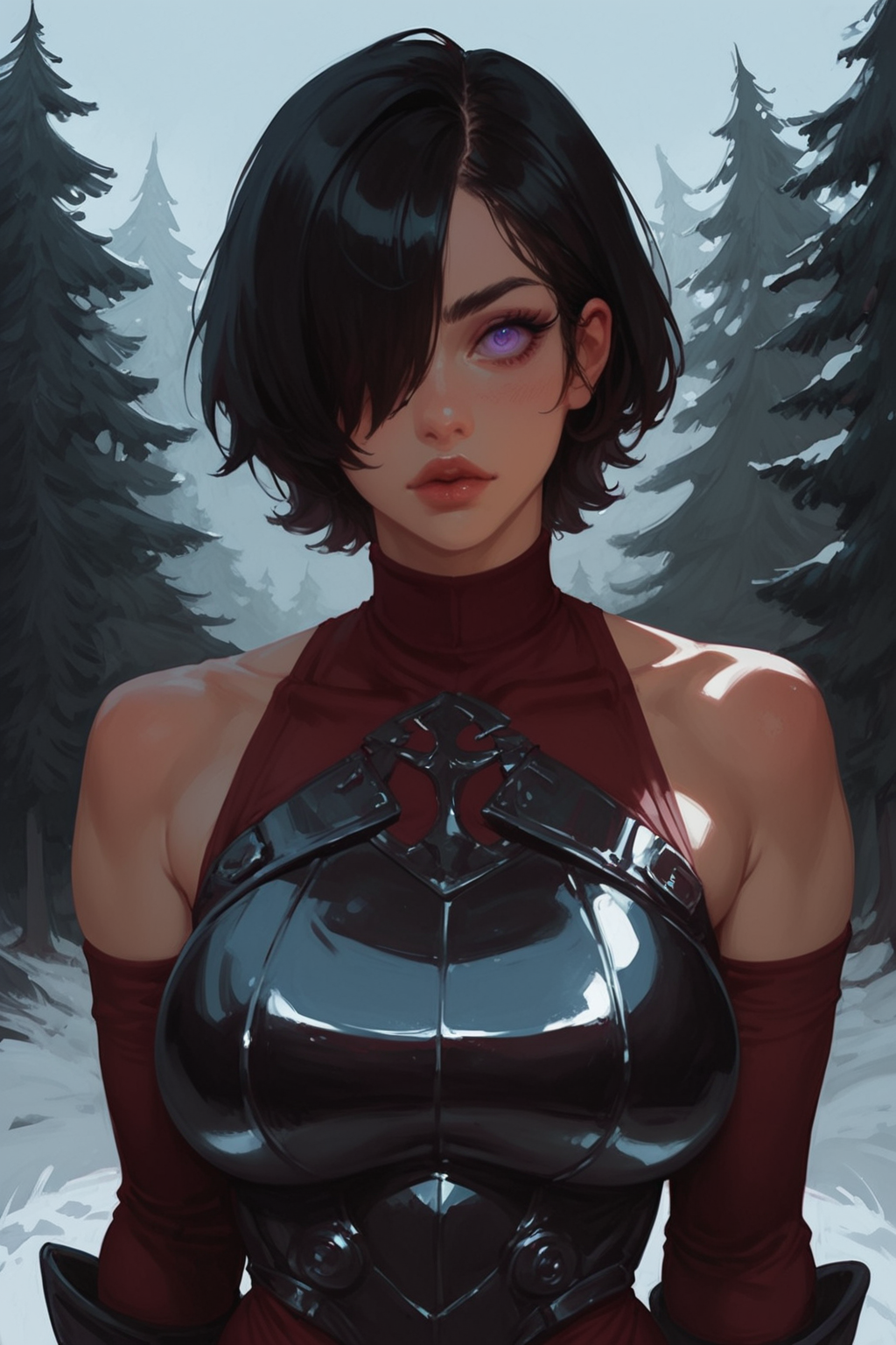 erengaria, black hair, short hair, purple eyes, hair over one eye, maroon bodysuit, long sleeves, black armor, black gauntlets, big breasts,  blue sky, forest, alpine forest, winter, pine trees1girl, solo, looking at viewer, collarbone, bare shoulders ,  eyelashes, portrait, breasts,  upper body,, zPDXL3, detailxl,  Score_PnyReal, (lineless:1.5)