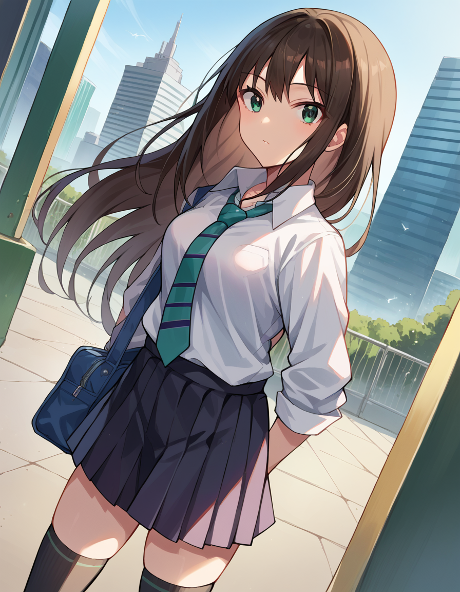 score_9, score_8_up, score_7_up, source_anime,
rinshibuya, <lora:rin-shibuya-ponyxl-lora-nochekaiser:1>,
rin shibuya, black hair, green eyes, long hair,
black skirt, black socks, collared shirt, green necktie, kneehighs, long sleeves, miniskirt, necktie, pleated skirt, school uniform, shirt, skirt, socks, striped, striped necktie, white shirt, wing collar,
outdoors, cityscape,
looking at viewer, dutch angle, cowboy shot,