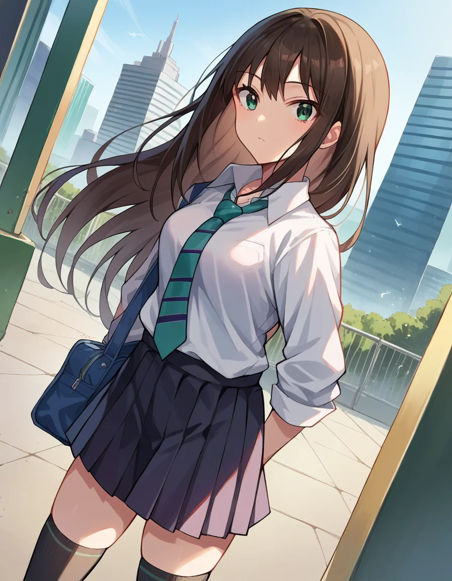 score_9, score_8_up, score_7_up, source_anime,
rinshibuya, <lora:rin-shibuya-ponyxl-lora-nochekaiser:1>,
rin shibuya, black hair, green eyes, long hair,
black skirt, black socks, collared shirt, green necktie, kneehighs, long sleeves, miniskirt, necktie, pleated skirt, school uniform, shirt, skirt, socks, striped, striped necktie, white shirt, wing collar,
outdoors, cityscape,
looking at viewer, dutch angle, cowboy shot,