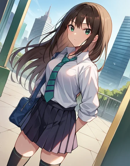 score_9, score_8_up, score_7_up, source_anime,
rinshibuya, <lora:rin-shibuya-ponyxl-lora-nochekaiser:1>,
rin shibuya, black hair, green eyes, long hair,
black skirt, black socks, collared shirt, green necktie, kneehighs, long sleeves, miniskirt, necktie, pleated skirt, school uniform, shirt, skirt, socks, striped, striped necktie, white shirt, wing collar,
outdoors, cityscape,
looking at viewer, dutch angle, cowboy shot,