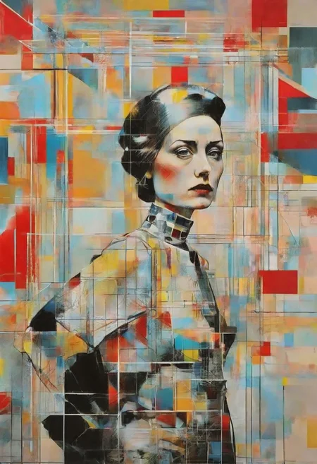 Dali, Malevitch, Rodchenko, Mondrian, Kandinsky, psychedelic hallucination, pop surrealism, rough crosshatch drawing pop art Lunatic_Portrait of a girl in latex, slick back, low bun, black makeup, sinister expression, intense glare, avant-garde, abstract, weird, geometric, constructivism, suprematism, rayonism, verticism, lineism, tj