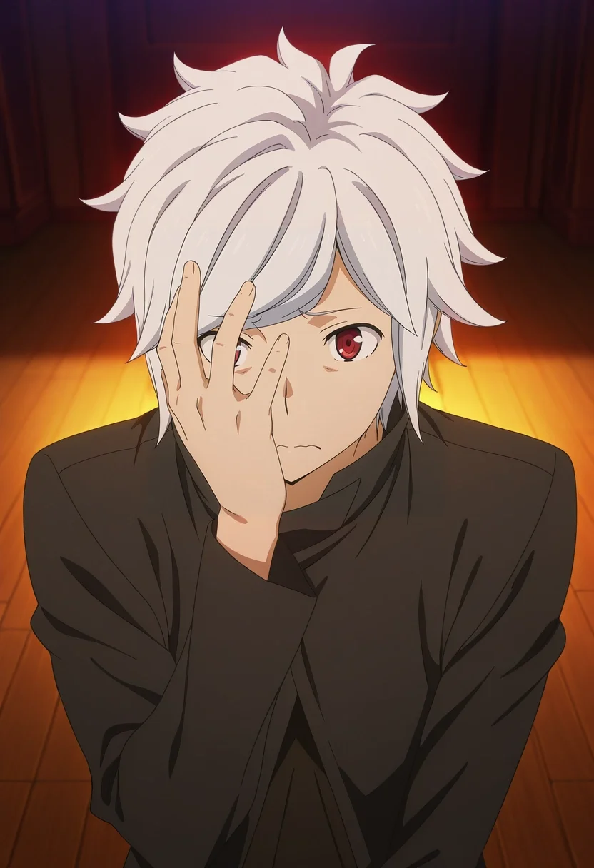 masterpiece, best quality, intricate details, anime screencap, anime coloring, official style, , 1boy, solo, male focus, <lora:bell_cranel_ilxl:1>, bell_cranel, white hair, red eyes, short hair, facepalm moment, hand on face, weary expression, standing pose, warm glow,