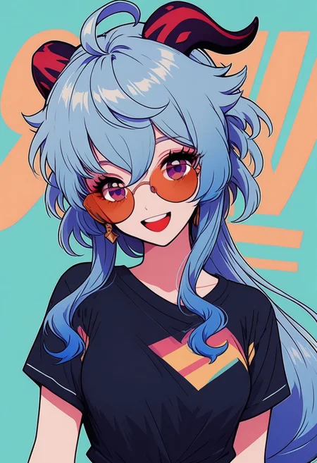score_9, score_8_up, score_8, medium breasts, (curvy), cute, eyelashes,       
ganyu, blue hair, goat horns, horns, long hair, purple eyes, sidelocks, 
long hair, low ponytail, ahoge, horns, 1girl, solo, looking at viewer, smile, smile, bangs, shirt, jewelry, blue hair, upper body, short sleeves, :d, earrings, black shirt, upper teeth only, sunglasses, tinted eyewear, aqua background, orange-tinted eyewear,
abstrack background, 
text, text in background,
zPDXL,