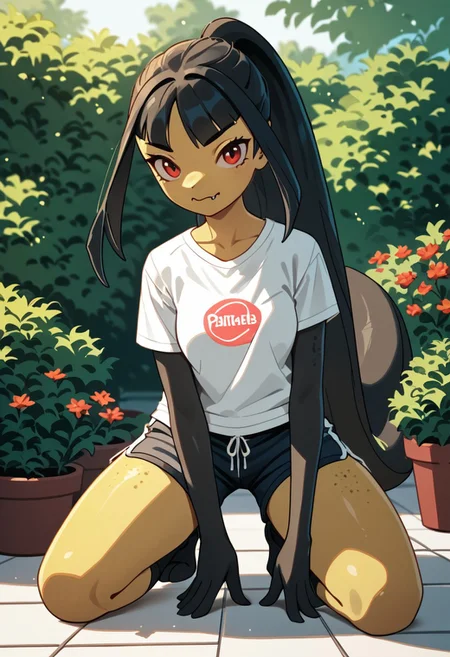 zPDXL3, score_9, score_8_up, score_7_up, score_6_up, score_5_up, score_4_up, 1girl, solo, medium breasts,
grimace, kneeling, t-shirt, lowleg shorts, garden,
pkmaw,