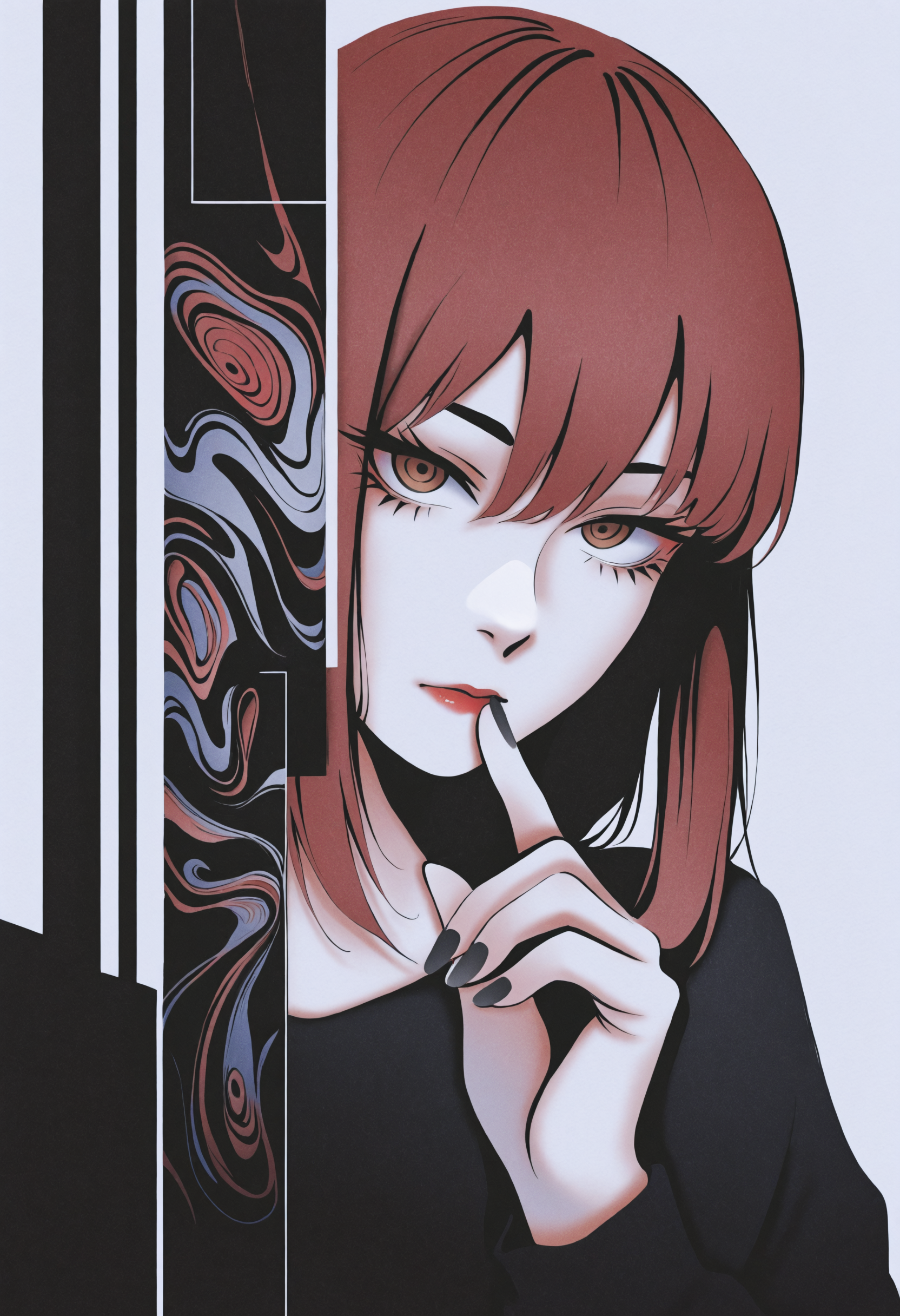 MF9f, dhjs, aGl0, traditional media, abstract, abstract background, painting \(medium\), no lineart, 1girl, solo, makima \(chainsaw man\), looking at viewer, black nails, white background, nail polish, simple background, brown hair, shirt, hair between eyes, brown eyes, black shirt, portrait, finger to mouth, upper body, lips, lipstick, medium hair, own hands together, close-up