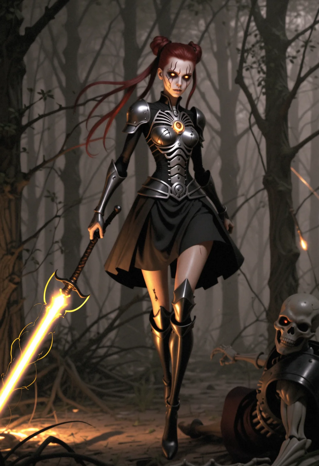 2D concept art full-body image portraying slender female inquisitor slashing attack. She has auburn updo hair and crimson goth makeup, dressed in charged powered exo-skeleton with exposed midriff. Set in a lush meadow environment where a biomechanical experiment is conducted, reflecting particles, serene atmosphere. With hard three point lighting, epic, perfect composition, grimdark beauty, vibrant <lora:dmd2_sdxl_4step_lora>