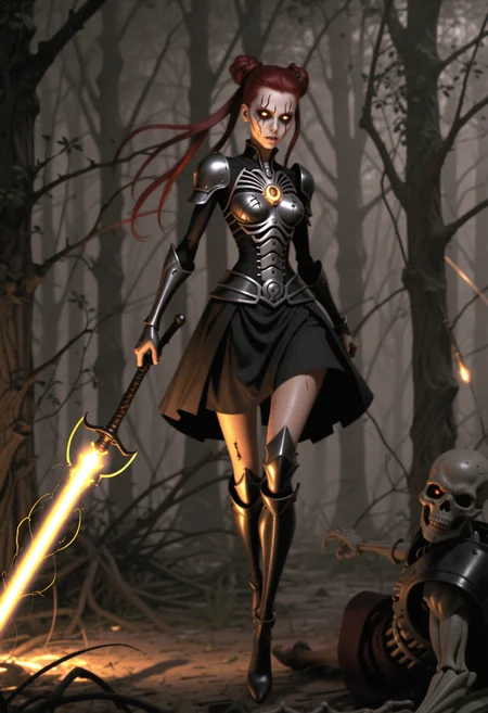 2D concept art full-body image portraying slender female inquisitor slashing attack. She has auburn updo hair and crimson goth makeup, dressed in charged powered exo-skeleton with exposed midriff. Set in a lush meadow environment where a biomechanical experiment is conducted, reflecting particles, serene atmosphere. With hard three point lighting, epic, perfect composition, grimdark beauty, vibrant <lora:dmd2_sdxl_4step_lora>