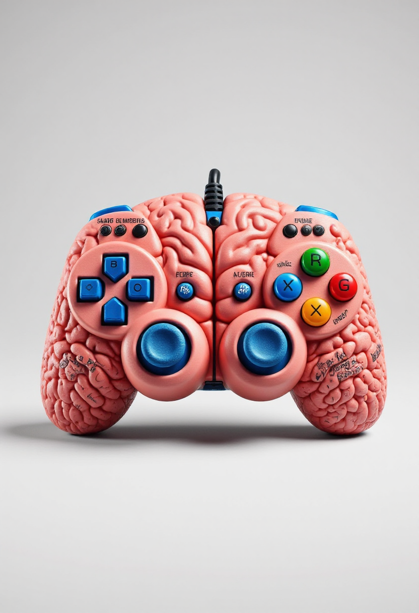<lora:Player_2_Game_Console_Controller_FLUX-000019:0.9>
This is a high-resolution photograph of a colorful, custom-designed video game controller. The controller is styled to resemble a brain.