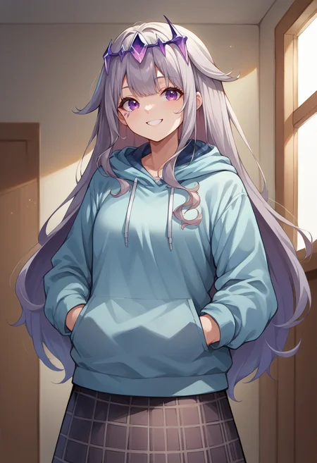 score_9, score_8_up, source_anime, 1girl, solo, KosekiBijou, long hair, hair flaps, floating headpiece, indoors, plaid skirt, hoodie, smile, hands in pockets, <lora:ChamKosekiBijouPonyXL:1>