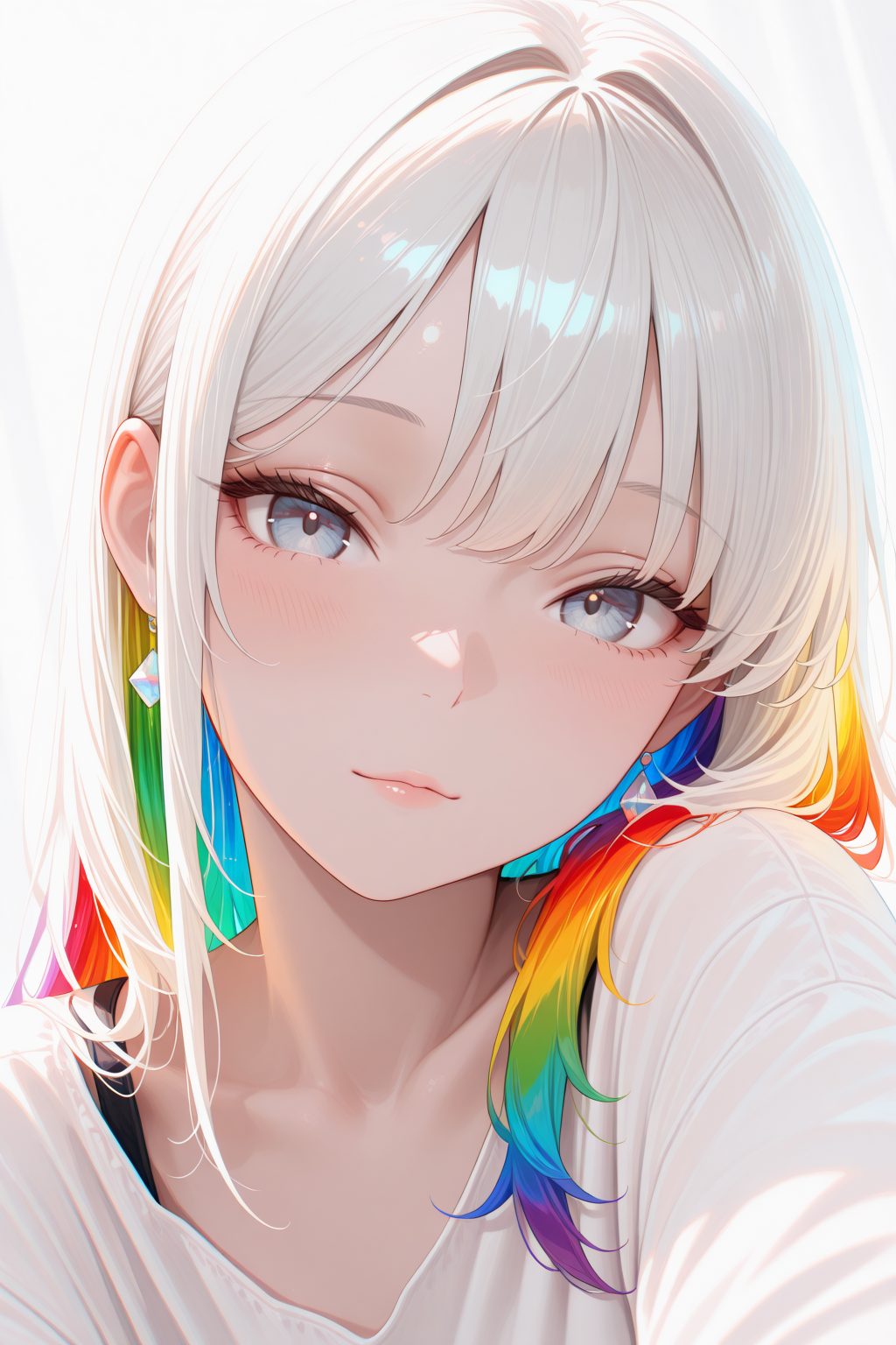 lazympos, adult, 1woman,
masterpiece, best quality, newest, highres, absurdres,no lineart, no outline, detailed, looking at viewer, solo, chromatic aberration, rainbow hair,white theme ,limited palette,tenebrism,close up, depth of field