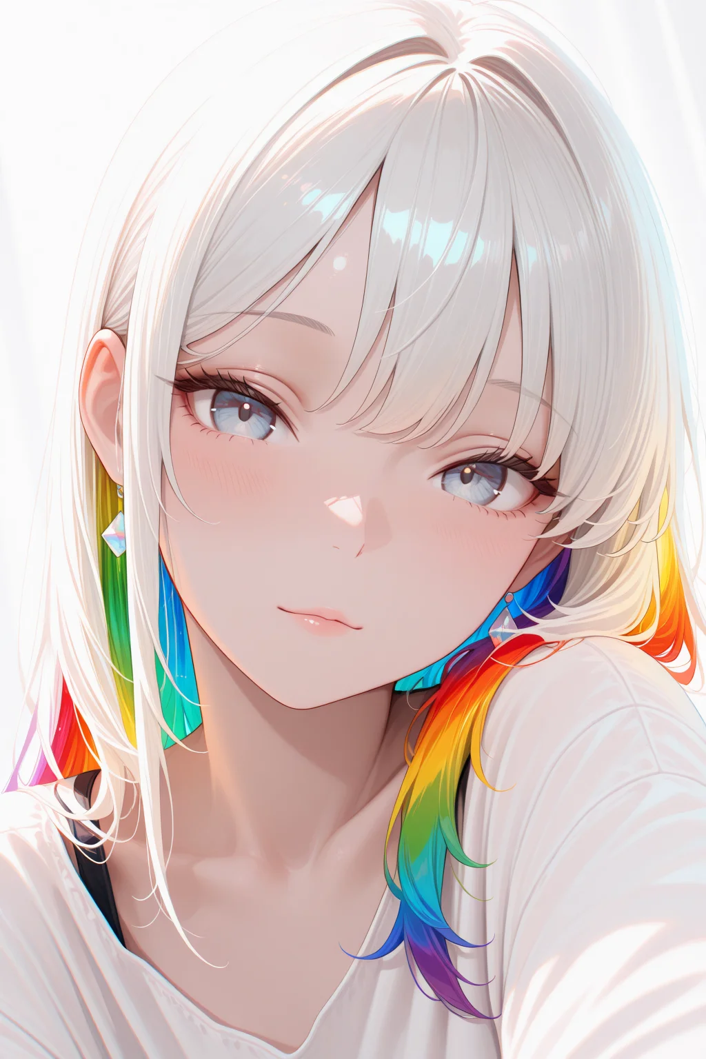 lazympos, adult, 1woman,
masterpiece, best quality, newest, highres, absurdres,no lineart, no outline, detailed, looking at viewer, solo, chromatic aberration, rainbow hair,white theme ,limited palette,tenebrism,close up, depth of field