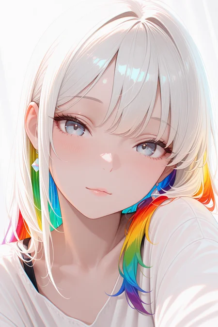 lazympos, adult, 1woman,
masterpiece, best quality, newest, highres, absurdres,no lineart, no outline, detailed, looking at viewer, solo, chromatic aberration, rainbow hair,white theme ,limited palette,tenebrism,close up, depth of field