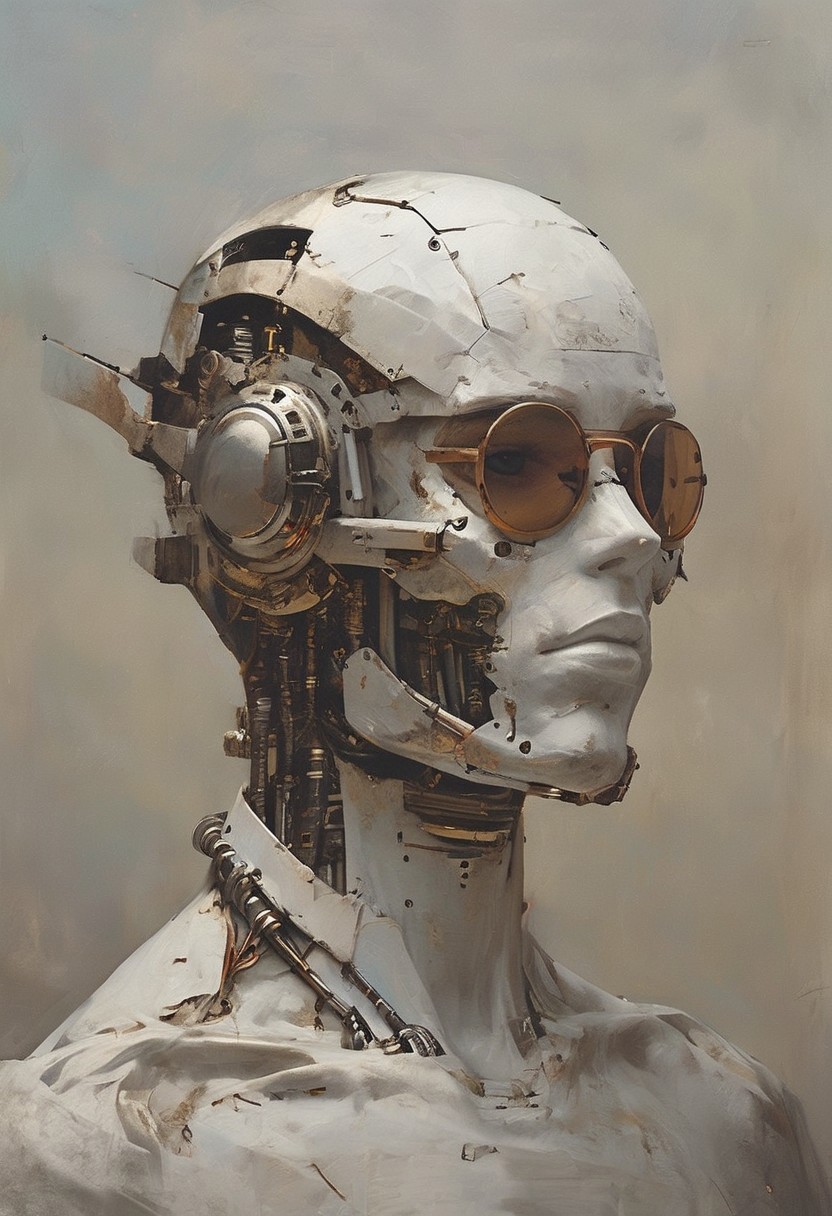in the style of michael-vincent-manaloa painting of a cyborg, symmetrical frontal image, strong build, square head, strong jaws, thick sideburns, sunglasses, Jamie Hewlett, John Berkey, John Harris, high contrast, twilight, open space, hyperrealistic<lora:epi_noiseoffset2:1> <lora:Sinozick:1> <lora:MJ52:1>