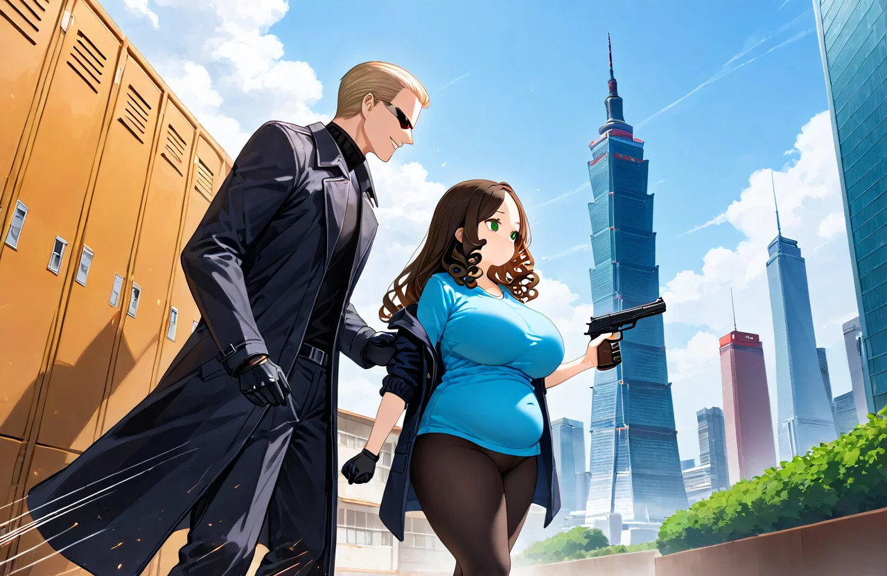 score_9, score_8_up, score_7_up, score_6_up, source_anime, ah1, (((duo, fight, 1boy and 1girl, size difference, height difference))), <lora:WeaponPoses-xl1024-v3a-0__p0s3s_w34p0n:0.8> p0s3_w34p0ns, (__ETOscenery__),
BREAK <lora:albertwesker-guy-PONYv1:1> albertwesker, albert wesker, 1boy, blonde, black gloves, sunglasses, long coat, trench coat, black coat, looking at another, toned, athletic, fit, slicked back hair, black turtleneck, zipper, mature male, (graphene textured clothes:1.7), (((sadistic smile, red eyes))), (motion lines:1.8), tall boy, holding weapon, handgun, gun,
BREAK 1girl, (curly hair), (long hair:1.2), (black hair), mature female, (parted hair:1.7), (round face), (no_bangs:1.3), (no_fringe:1.6), looking at another, (thick eyebrows), (curvy, plump), round-chin, (dark olive green eyes), caucasian, down-turned eyes, <lora:ETO_OCPonyXL:0.5> eto_oc, skindentation, short girl, busty, voluptuous, (blue shirt, black leggings), puckered lips, bursting breasts, bouncing breasts, from side, holding weapon, handgun, gun,