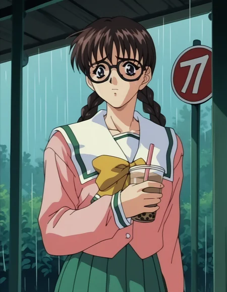 score_9, score_8_up, score_7_up, <lora:shuusaku-ova-ponyxl-000006:1> shiho, glasses, twin braids, serafuku, pleated skirt,
1girl, solo, nervous, awkward, bubble tea, bus stop, rain, upper body