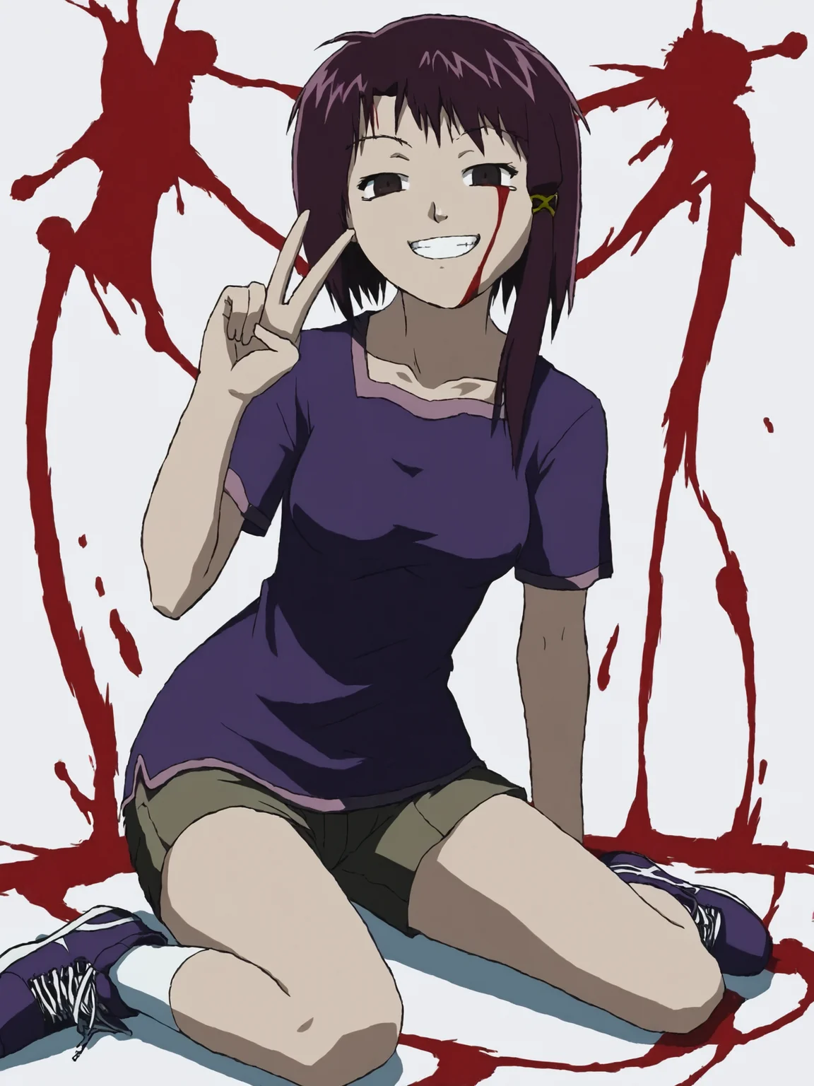 woman, 20 year old, 20 year old woman, adult, score_9, BREAK masterpiece, high quality, white background, <lora:Iwakura_Lain_PS_PDXLv0-e50:0.8> 1girl, solo, iwakura lain ps, looking looking at viewer, t-shirt, shorts, white socks, purple sneakers, v:1.2, naughty face, smile, [medium breasts, wide hips], [[blood]]