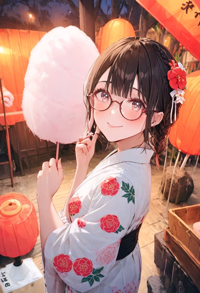 masterpiece, best quality, very aesthetic, absurdres,
cotton candy, 1girl, solo, glasses, black hair, holding, holding food, food, skewer, yukata, hair flower, braid, night, summer, paper lantern, 
 <lora:wataame_SDXL_V1:1>