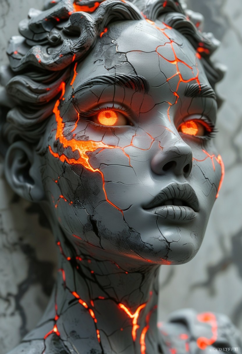 score_9, score_8_up, score_7_up, score_6_up, sclpt, sculpture style, solo, glowing, orange eyes, glowing eyes, portrait, grey skin, colored sclera, blurry, marble skin, glowing
