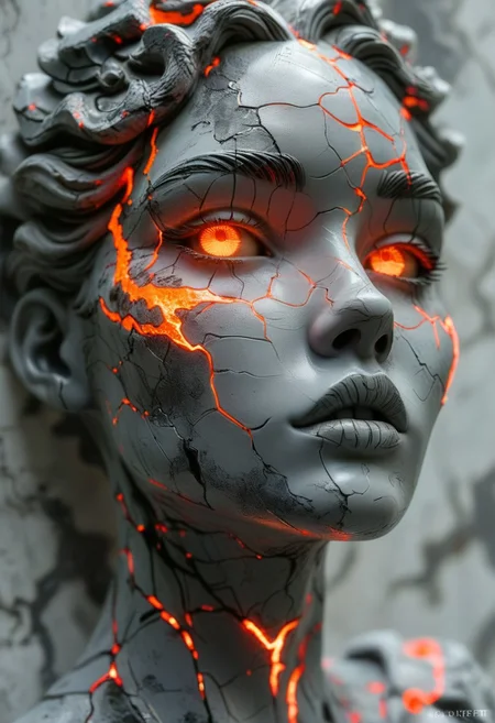 score_9, score_8_up, score_7_up, score_6_up, sclpt, sculpture style, solo, glowing, orange eyes, glowing eyes, portrait, grey skin, colored sclera, blurry, marble skin, glowing