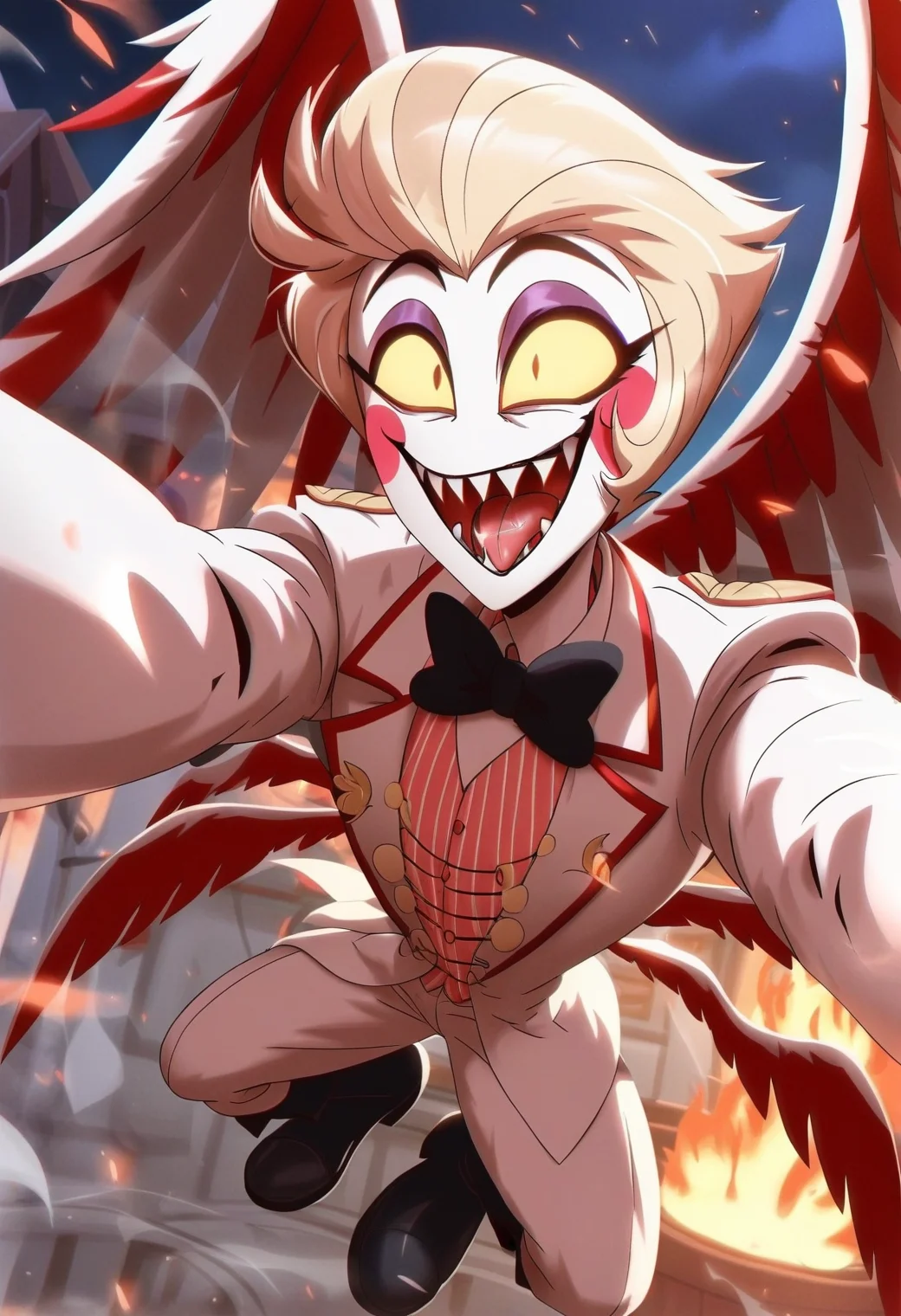 1boy, <lora:lilith_hazbin_hotel_ponyxl_v2:1>, lucifer morningstar \(hazbin hotel\), selfie, red wings, multiple wings, flying, red sclera, yellow eyes, solo, full body, sharp teeth, white suit, formal, black boots, black footwear, evil grin, black bow, pink vest, striped vest, burning city, night, fire, skyscraper, evil laugh, open mouth, wide-eyed, from above, tongue out, saliva, debris, light particles,
score_9, score_8_up, score_7_up, score_6_up, film grain