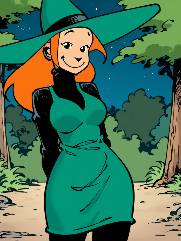 score_9, score_8_up, score_7_up, 1girl, solo,  <lora:Melusine:1.15>, melusine, black eyes, witch hat, aqua headwear, black turtleneck, aqua dress, black pantyhose, cowboy shot, looking at viewer, smile, forest, night sky, full moon, arm behind back, contrapposto,
