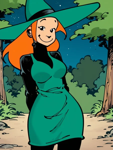 score_9, score_8_up, score_7_up, 1girl, solo,  <lora:Melusine:1.15>, melusine, black eyes, witch hat, aqua headwear, black turtleneck, aqua dress, black pantyhose, cowboy shot, looking at viewer, smile, forest, night sky, full moon, arm behind back, contrapposto,
